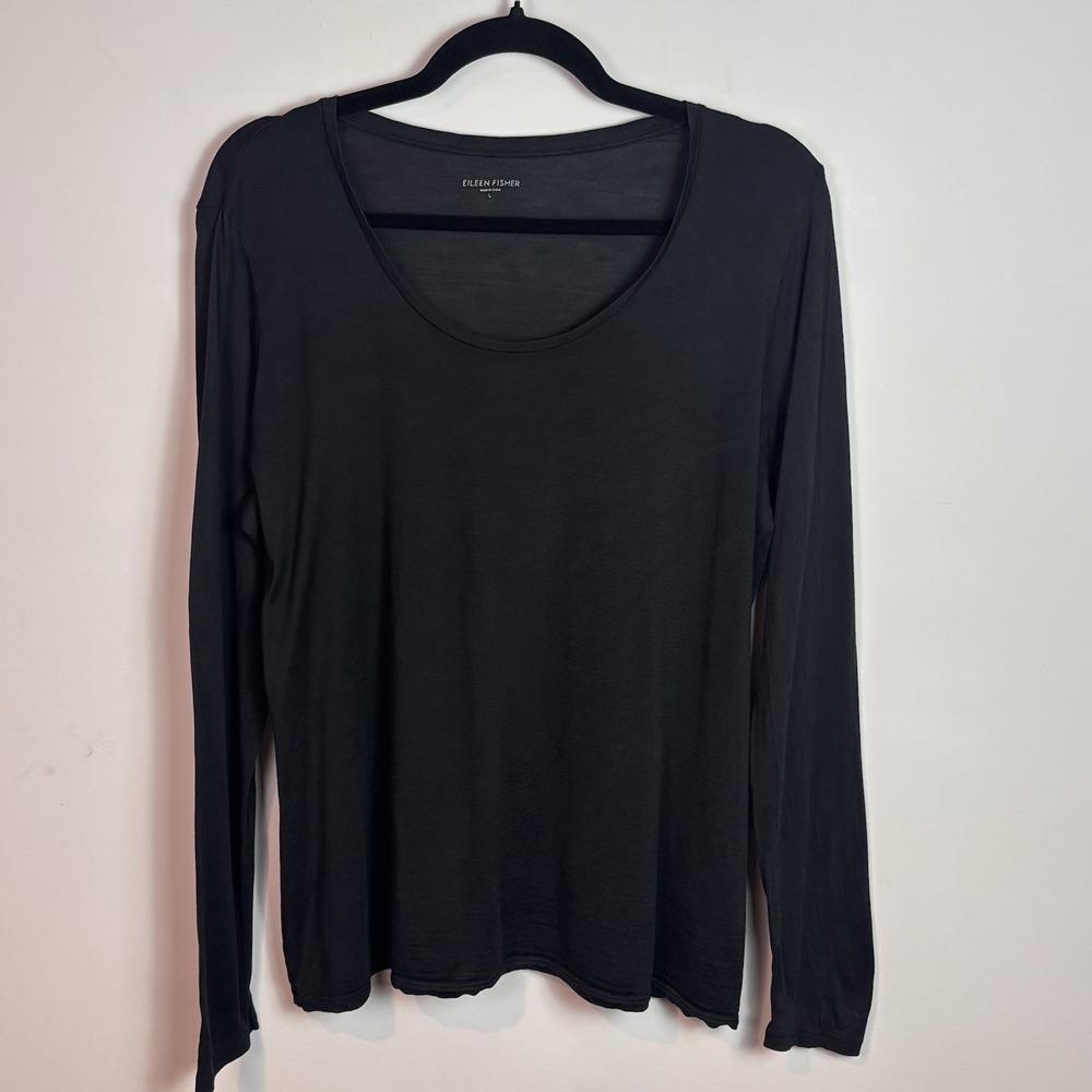 Eileen Fisher Women Silk Cotton Blend Women's Scoop Neck Black Long Sleeve Tee L